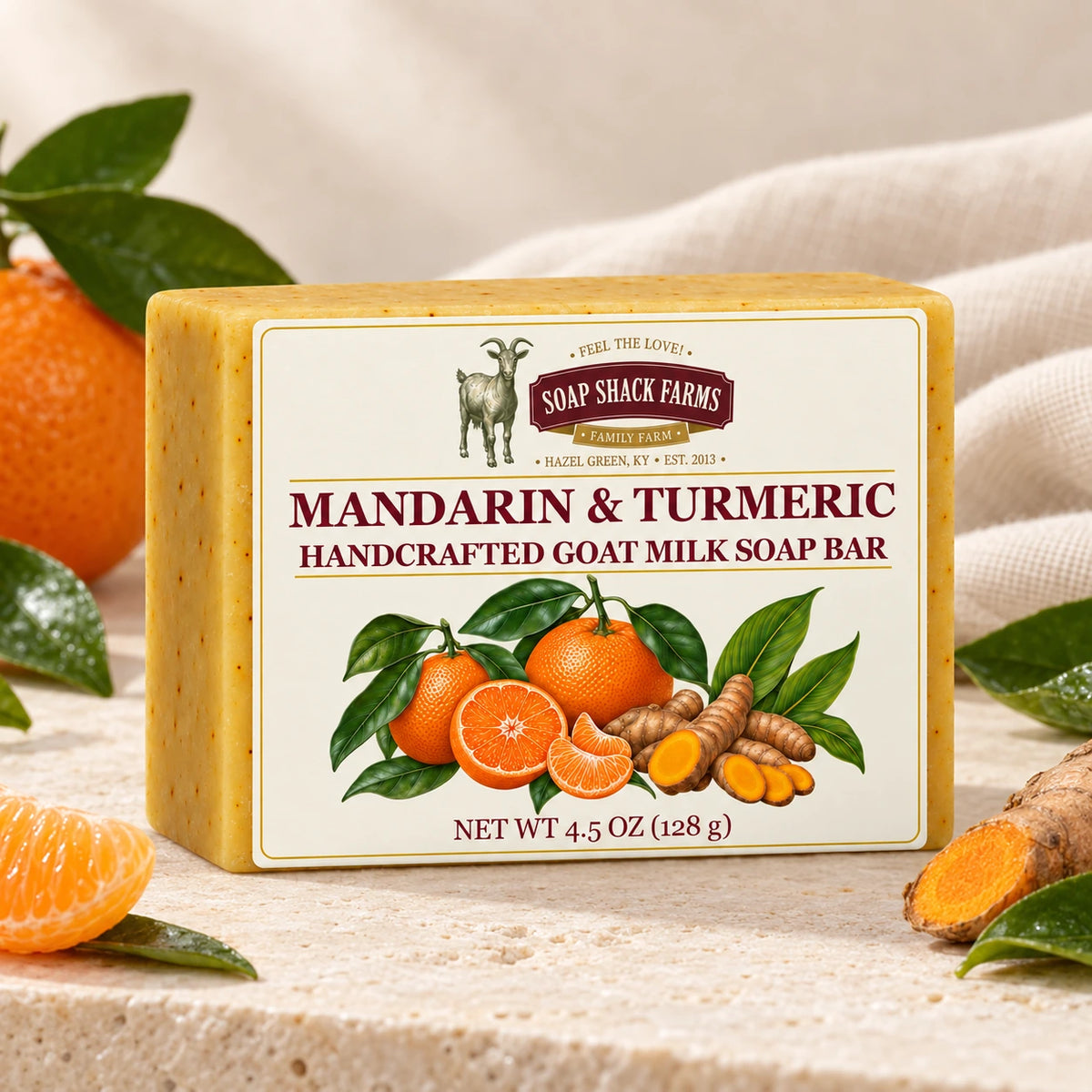 Mandarin & Turmeric goat milk soap bar with mandarin, turmeric, and soft cream linen.