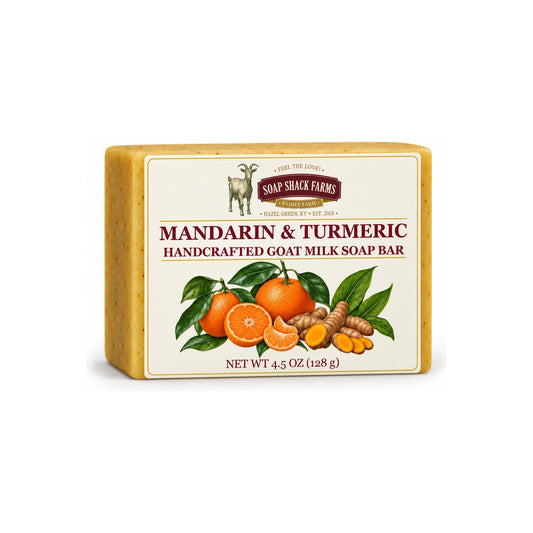 Soap Shack Farms Mandarin & Turmeric handcrafted goat milk soap bar on a white background.