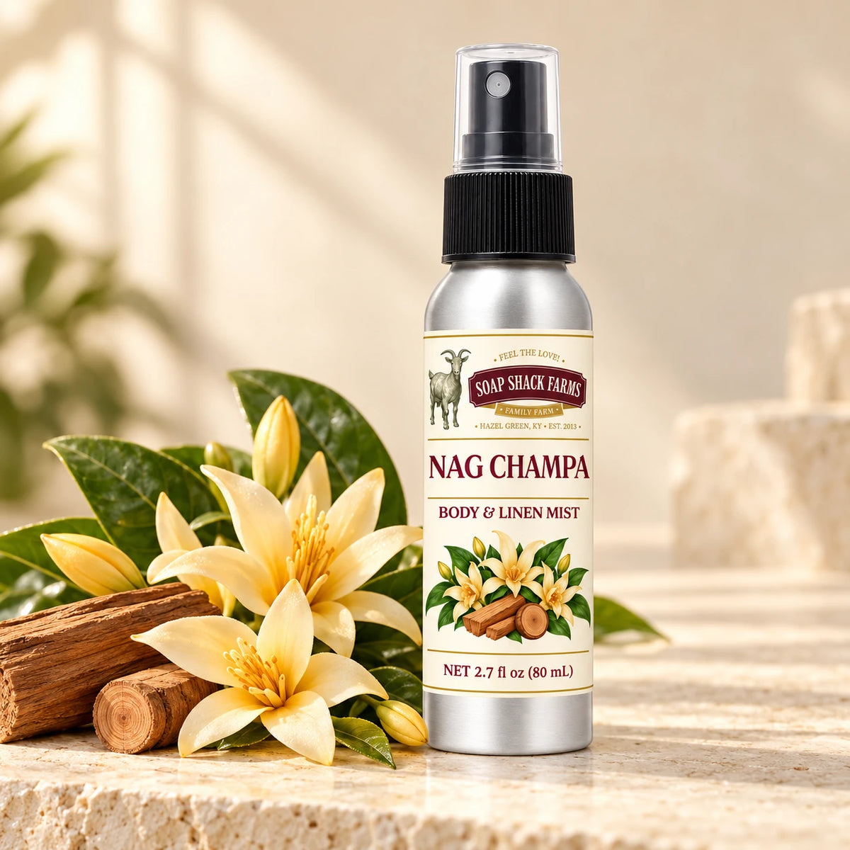 Soap Shack Farms Nag Champa body and linen mist in a warm botanical studio setting.