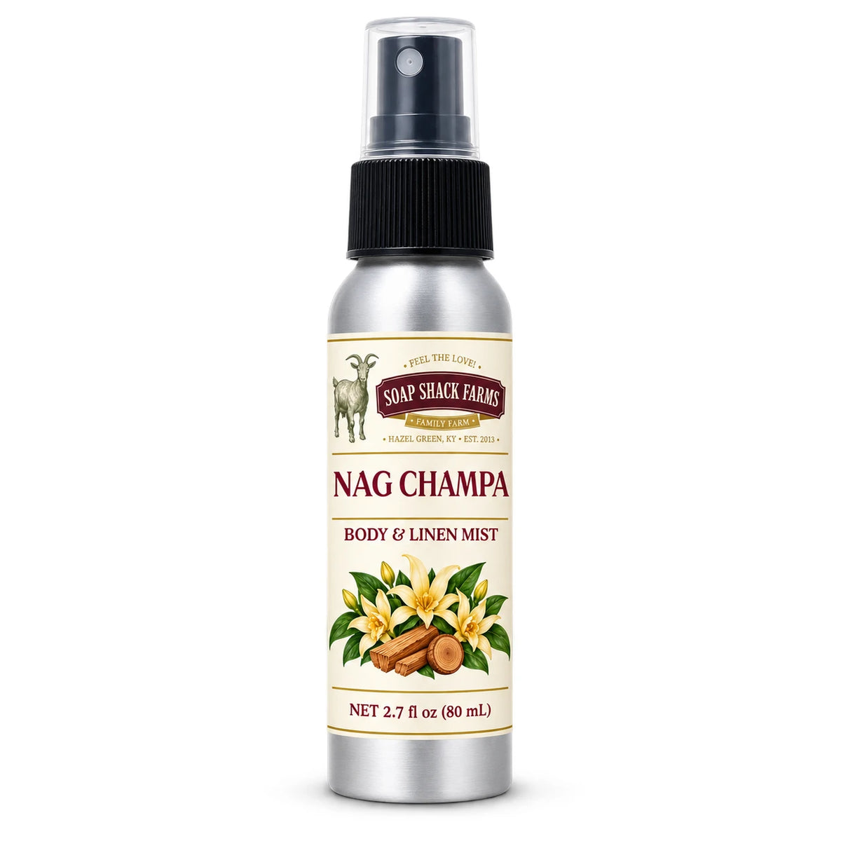 Soap Shack Farms Nag Champa body and linen mist in a silver 80 mL fine-mist bottle on white.