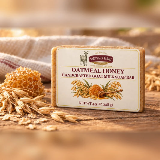 Soap Shack Farms Oatmeal Honey goat milk soap bar styled with oats and honeycomb on a rustic wood table