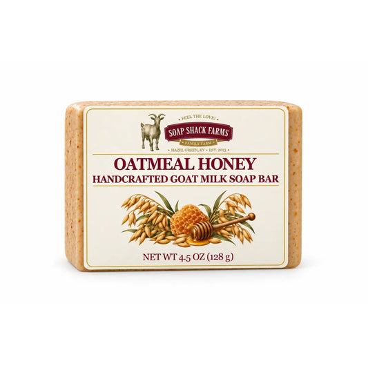 Soap Shack Farms Oatmeal Honey handcrafted goat milk soap bar, 4.5 oz, on a white background