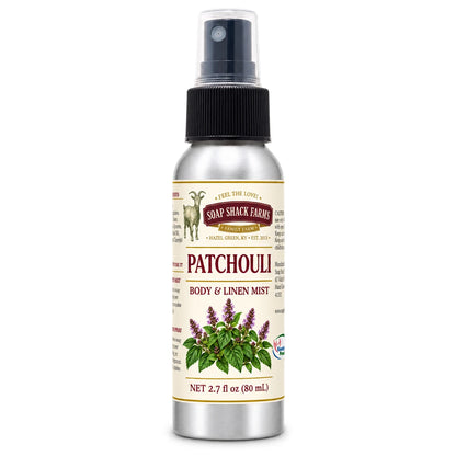 Soap Shack Farms Patchouli body and linen mist in a silver 80 mL fine-mist bottle on white.