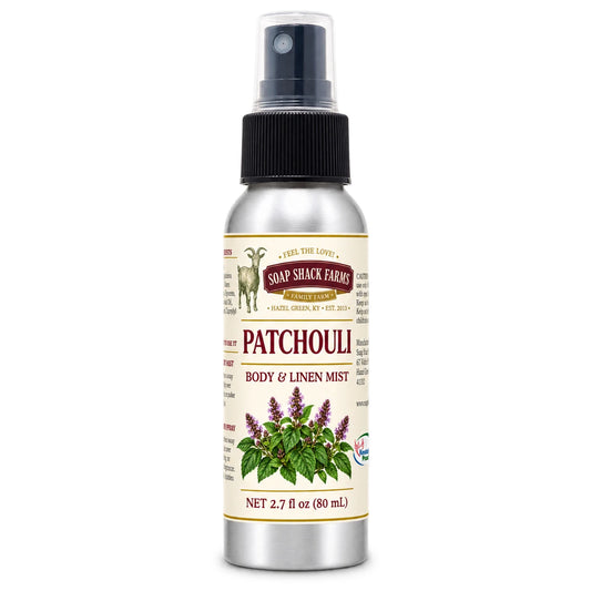Soap Shack Farms Patchouli body and linen mist in a silver 80 mL fine-mist bottle on white.
