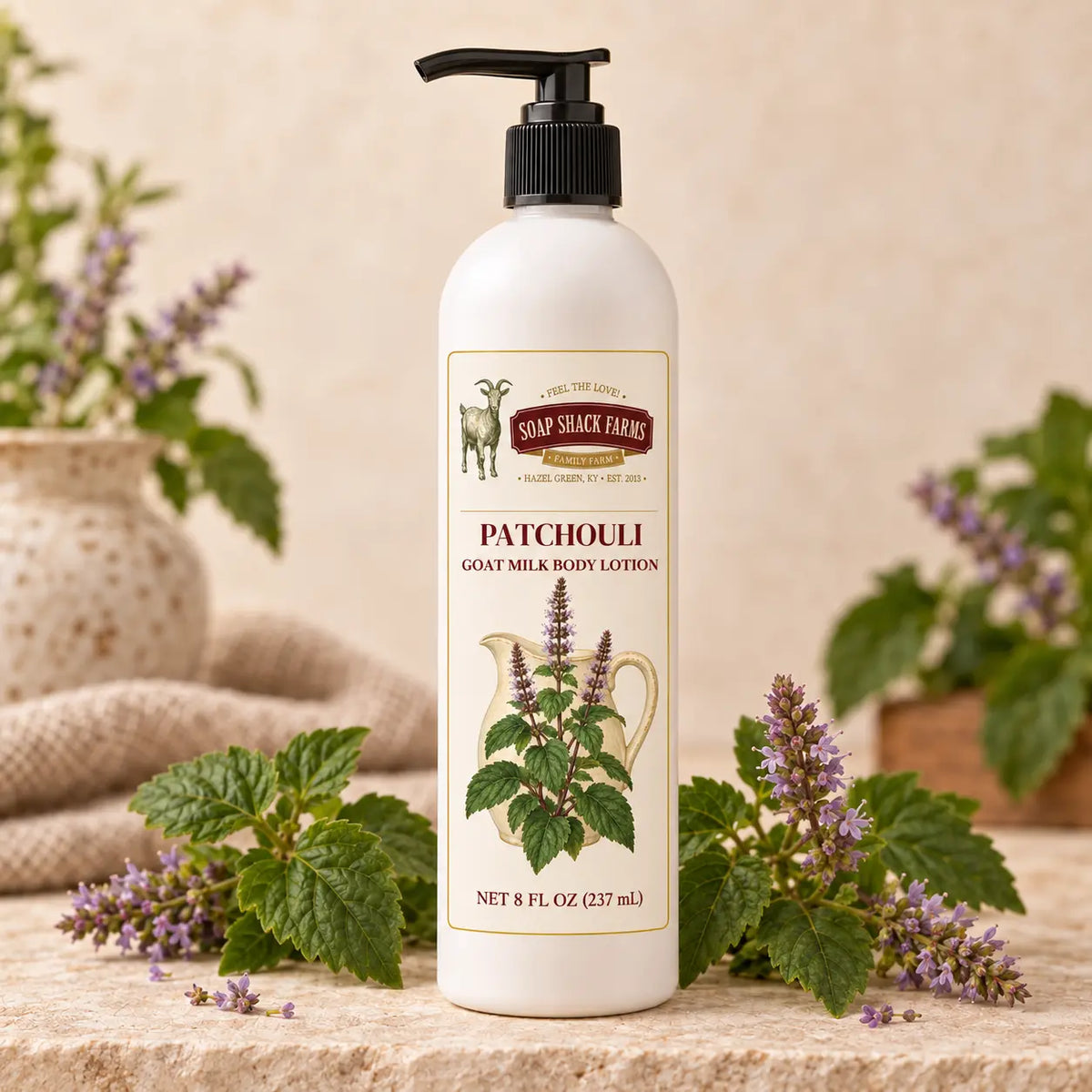 Patchouli Goat Milk Body Lotion with patchouli leaves and purple flowers