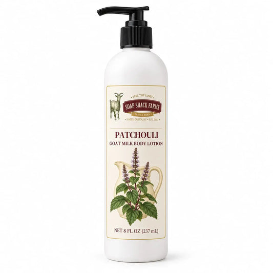 Patchouli Goat Milk Body Lotion 8 oz bottle by Soap Shack Farms