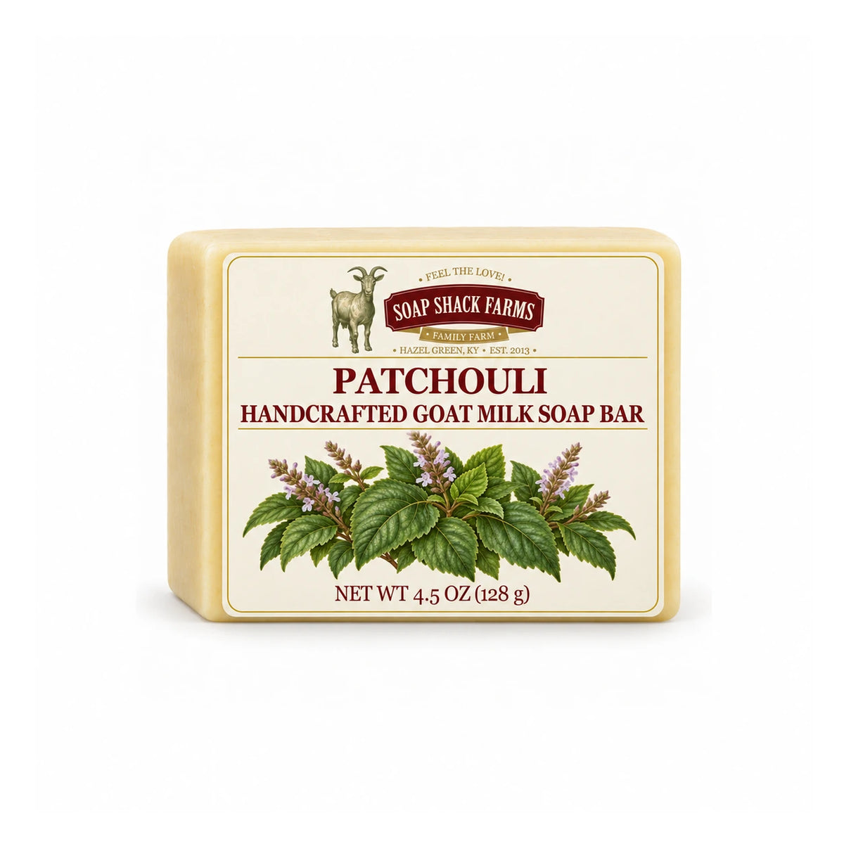 Soap Shack Farms Patchouli goat milk soap bar with botanical label on a clean white background.