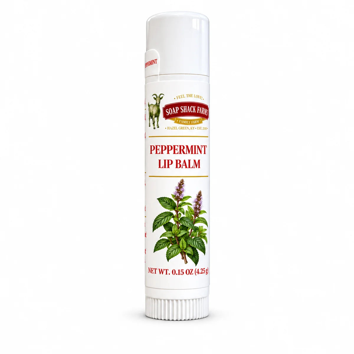 Soap Shack Farms Peppermint Lip Balm in a white 0.15 oz tube on a white background.