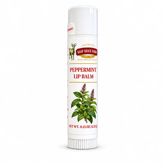 Soap Shack Farms Peppermint Lip Balm in a white 0.15 oz tube on a white background.