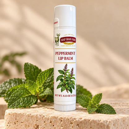 Soap Shack Farms Peppermint Lip Balm in a white 0.15 oz tube on a stone surface with flavor-inspired botanicals in a warm studio setting.