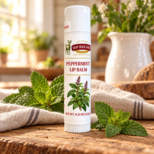 Soap Shack Farms Peppermint Lip Balm in a white 0.15 oz tube on a rustic wooden table with linen in a sunlit farmhouse setting.