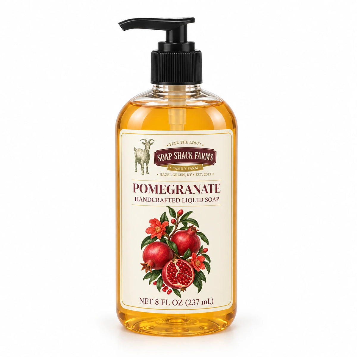 Pomegranate handcrafted liquid soap in a clear 8 oz pump bottle on a white background.