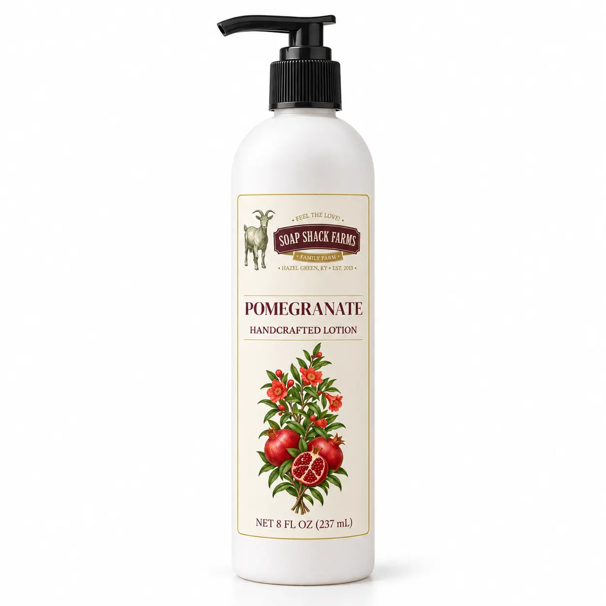 Soap Shack Farms Pomegranate Handcrafted Body Lotion, 8 fl oz white pump bottle on a white background