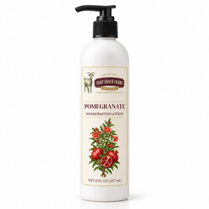 Soap Shack Farms Pomegranate Handcrafted Body Lotion, 8 fl oz white pump bottle on a white background