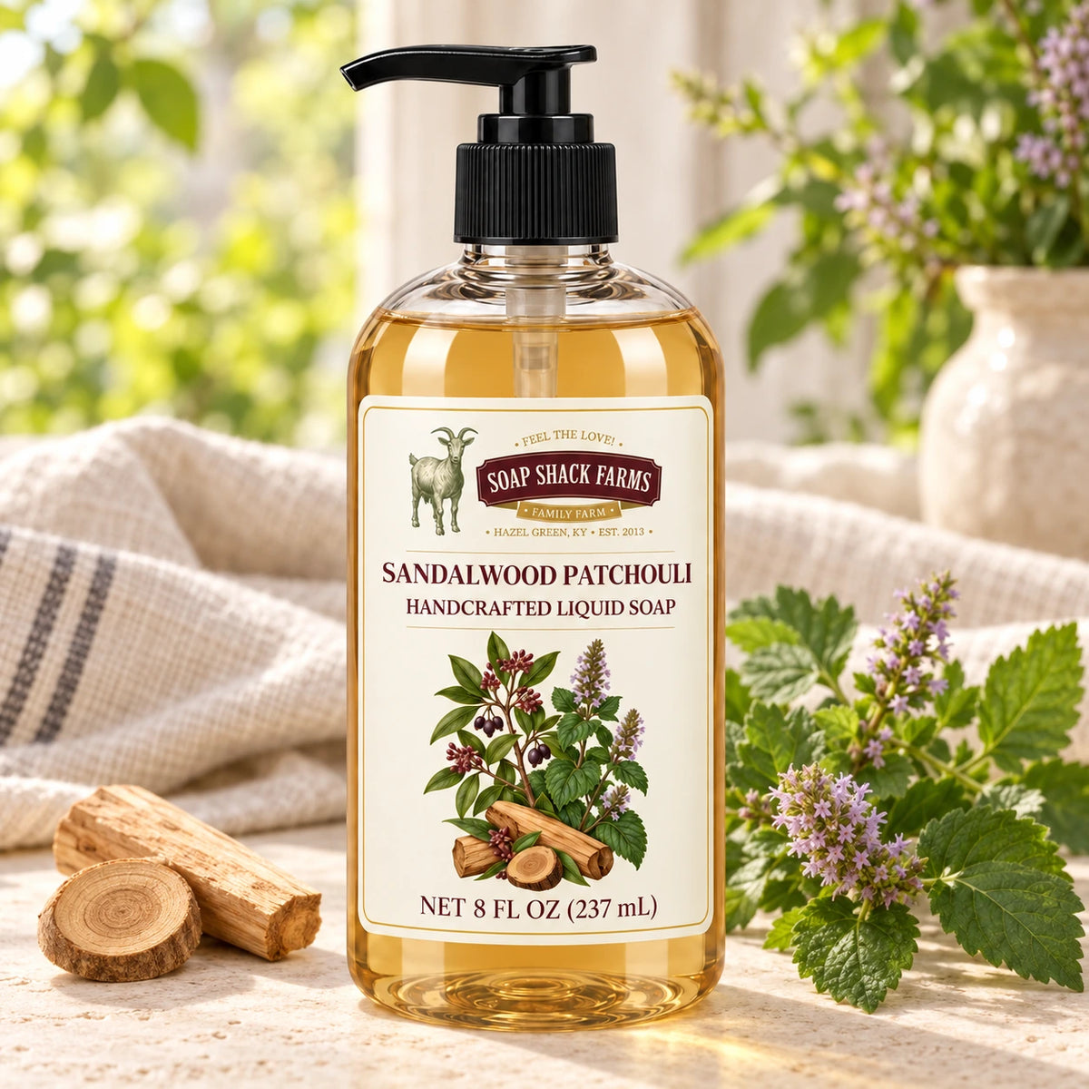 Sandalwood Patchouli handcrafted liquid soap with sandalwood pieces, patchouli leaves, purple flower spikes, and farmhouse linen.
