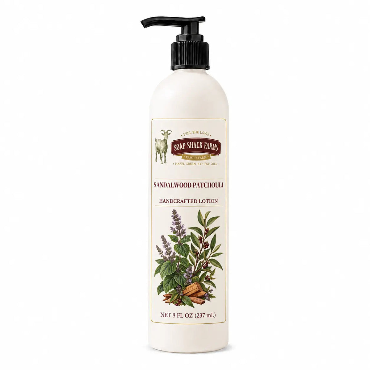 Sandalwood Patchouli handcrafted body lotion in an 8 oz pump bottle