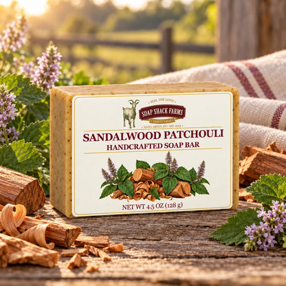 Sandalwood Patchouli olive oil soap bar on rustic wood with patchouli and sandalwood pieces.