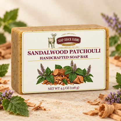 Sandalwood Patchouli olive oil soap bar on cream stone with patchouli flowers and wood shavings.
