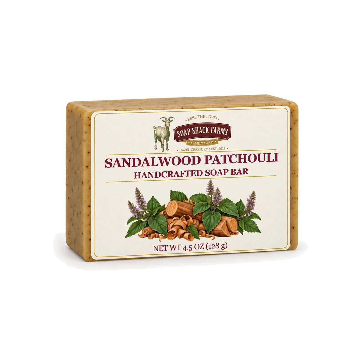 Sandalwood Patchouli handcrafted olive oil soap bar with botanical label on a white background.