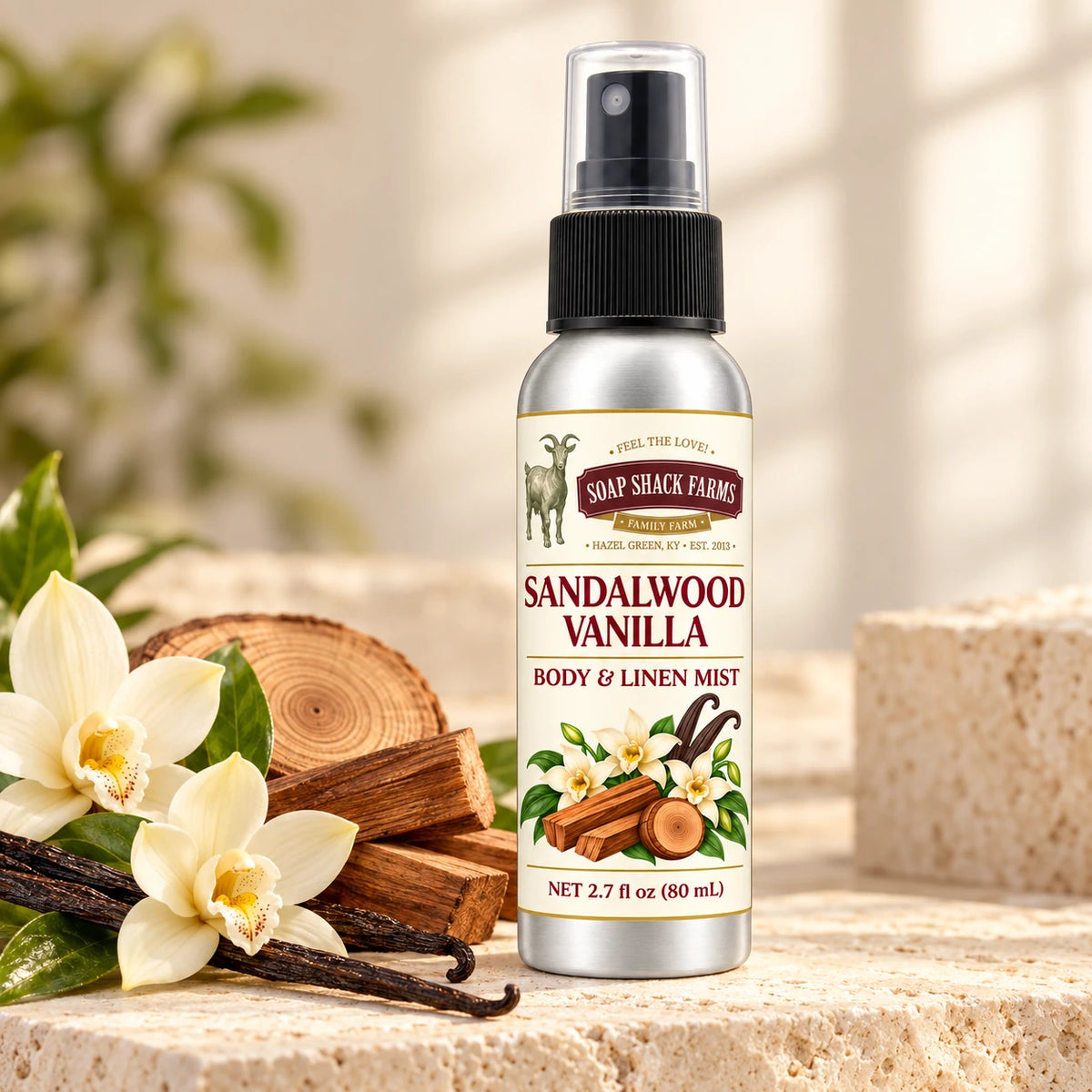 Soap Shack Farms Sandalwood Vanilla body and linen mist in a warm botanical studio setting.