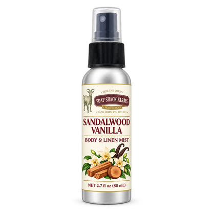 Soap Shack Farms Sandalwood Vanilla body and linen mist in a silver 80 mL fine-mist bottle on white.