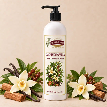 Sandalwood Vanilla handcrafted body lotion, 8 oz pump bottle styled with sandalwood and vanilla flowers