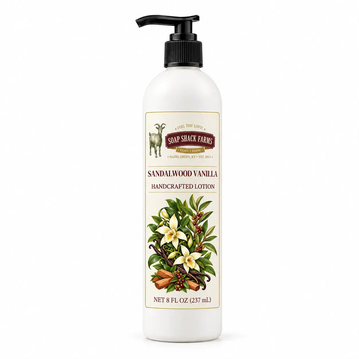 Sandalwood Vanilla handcrafted body lotion by Soap Shack Farms, 8 oz pump bottle on white background