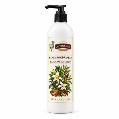 Sandalwood Vanilla handcrafted body lotion by Soap Shack Farms, 8 oz pump bottle on white background