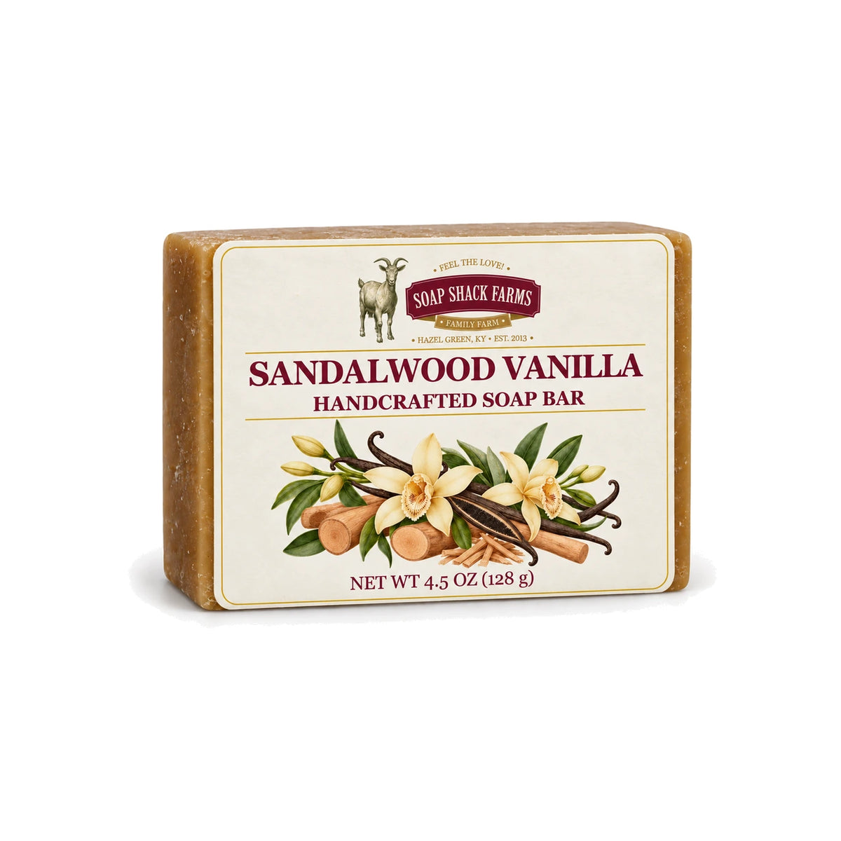 Sandalwood Vanilla handcrafted olive oil soap bar with sandalwood and vanilla botanical label on white.
