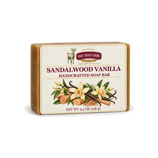 Sandalwood Vanilla handcrafted olive oil soap bar with sandalwood and vanilla botanical label on white.