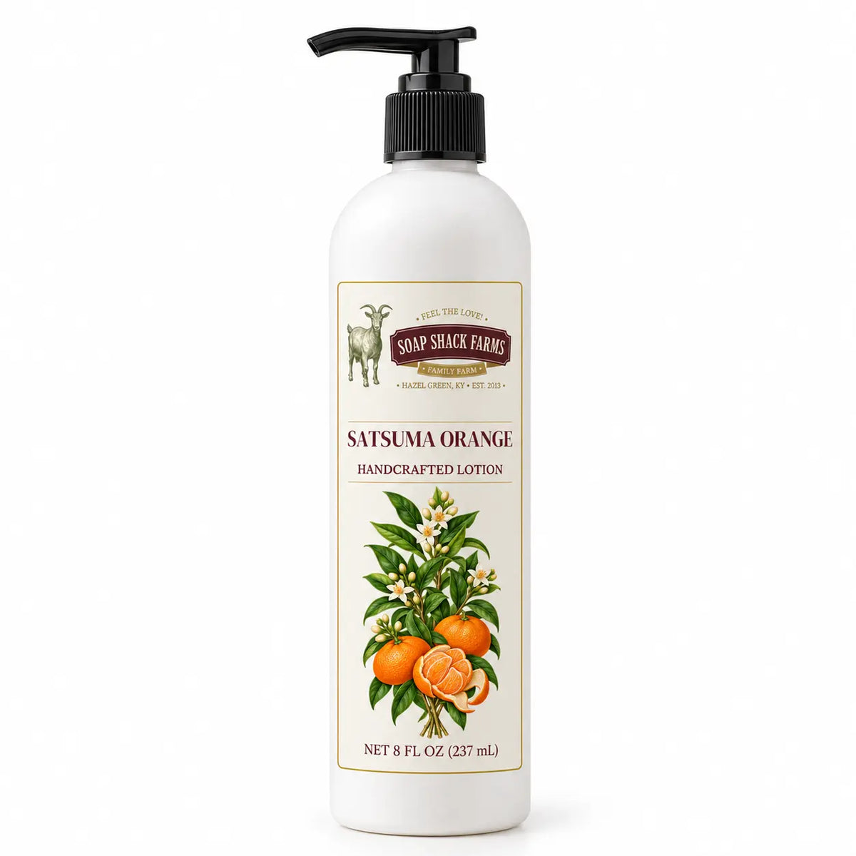 Soap Shack Farms Satsuma Orange Handcrafted Body Lotion, 8 fl oz white pump bottle on a white background
