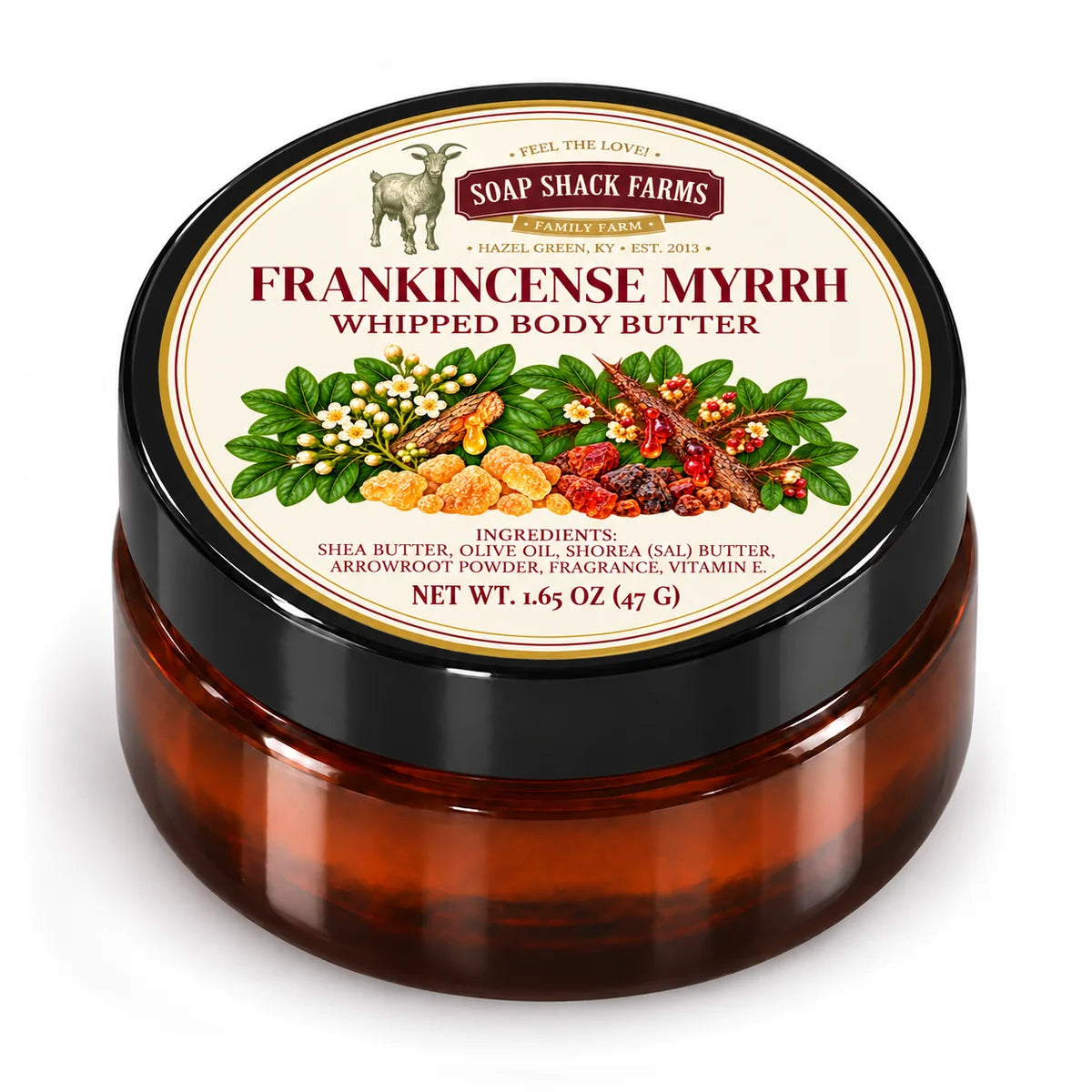 Closed amber jar of Soap Shack Farms Frankincense Myrrh Whipped Body Butter with a black lid and cream botanical label on white.