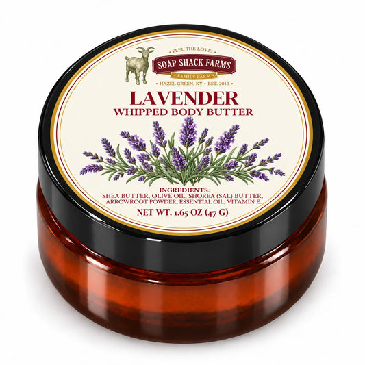Soap Shack Farms Lavender Whipped Body Butter in a closed amber jar with a labeled black lid on white.