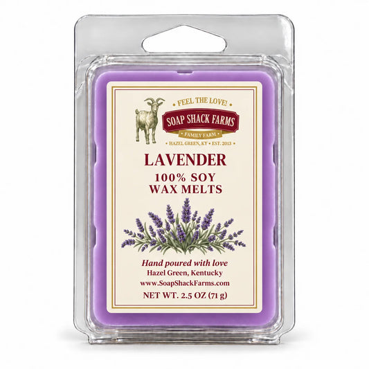 Soap Shack Farms Lavender 100% Soy Wax Melts in a clear clamshell on a white background.