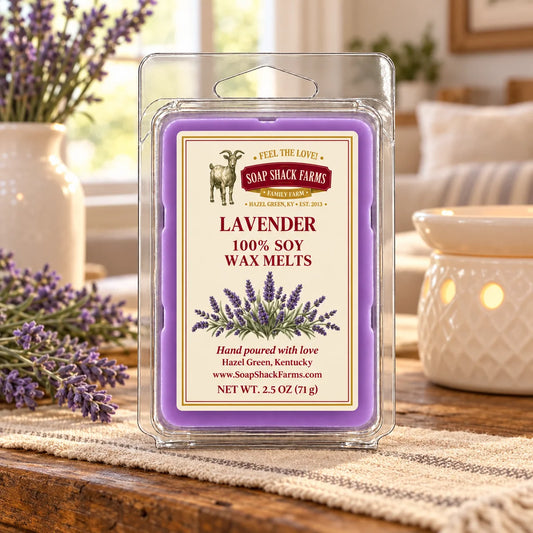 Soap Shack Farms Lavender 100% Soy Wax Melts on a rustic farmhouse table with a softly blurred wax warmer.