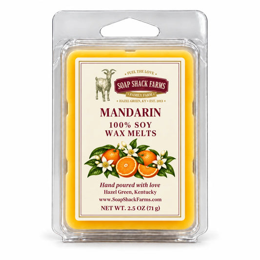Soap Shack Farms Mandarin 100% Soy Wax Melts in a clear clamshell with golden-yellow wax on a white background.