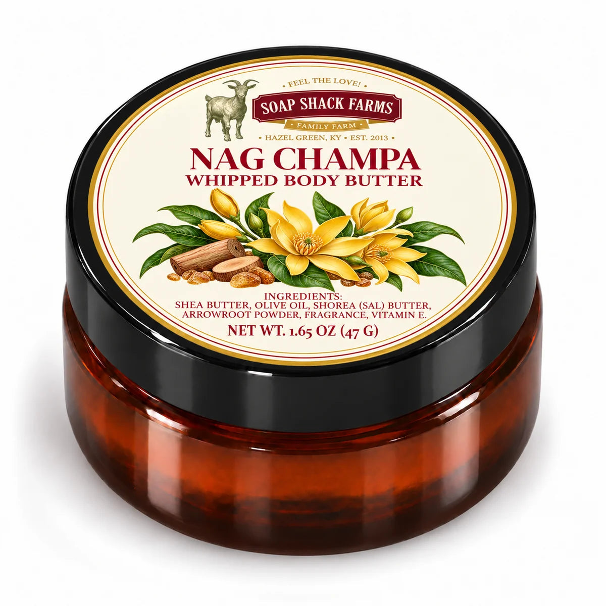 Soap Shack Farms Nag Champa Whipped Body Butter in a closed amber jar with a labeled black lid on white.