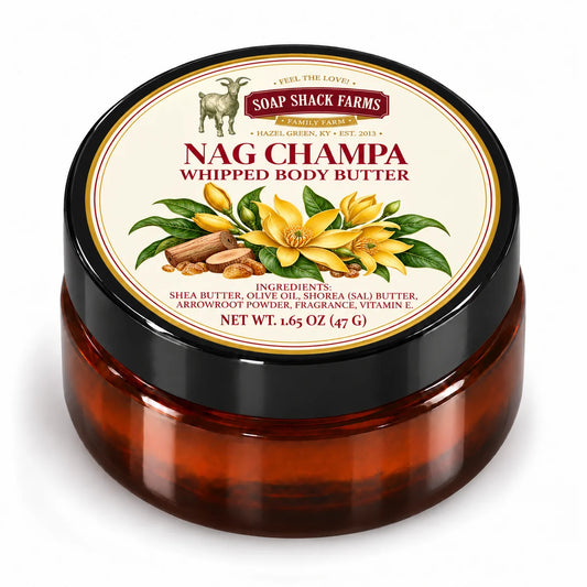Soap Shack Farms Nag Champa Whipped Body Butter in a closed amber jar with a labeled black lid on white.