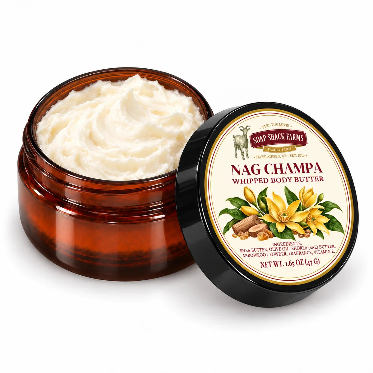 Soap Shack Farms Nag Champa Whipped Body Butter in an open amber jar showing ivory whipped texture beside its labeled black lid.