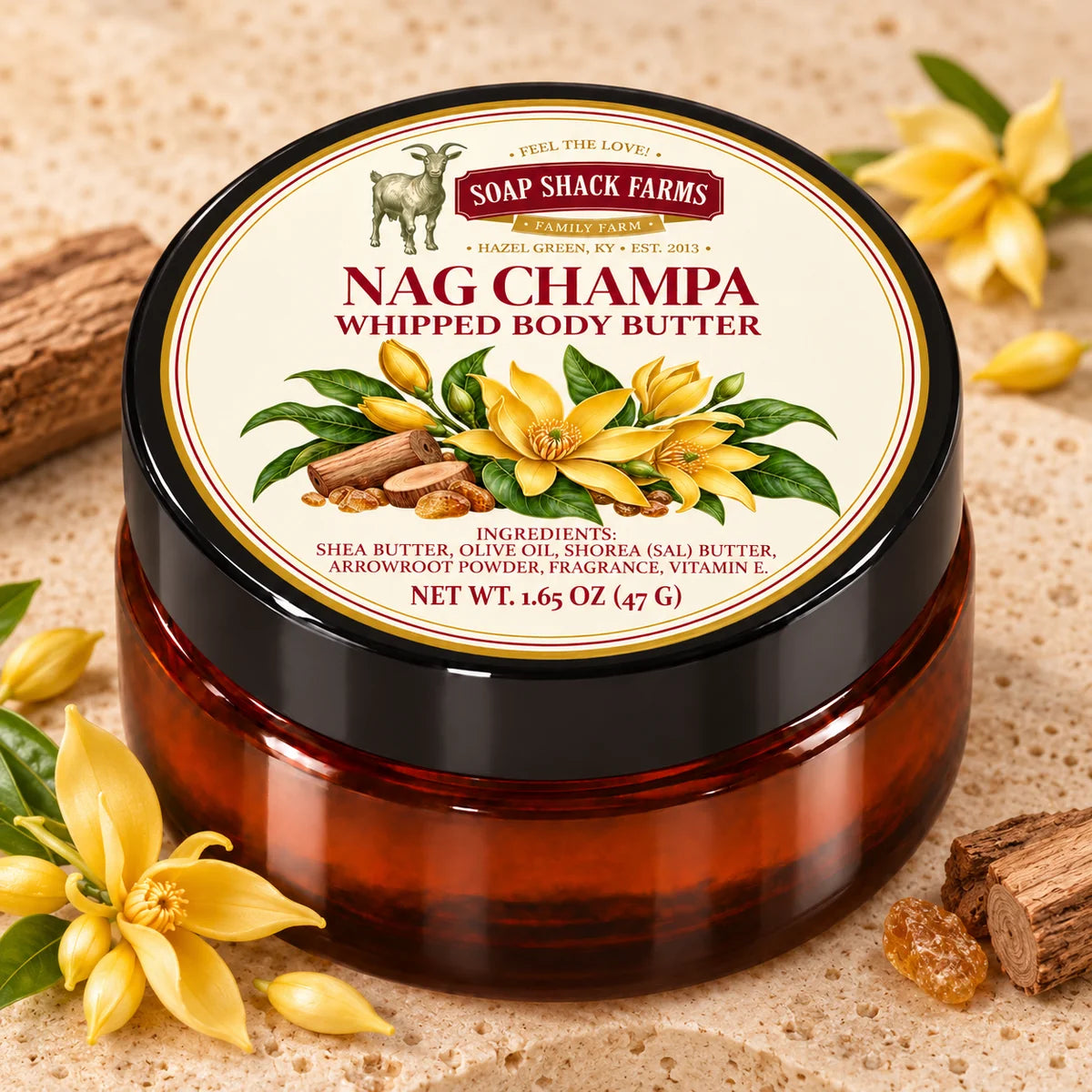 Soap Shack Farms Nag Champa Whipped Body Butter in an amber jar on pale stone with scent-inspired botanical accents.