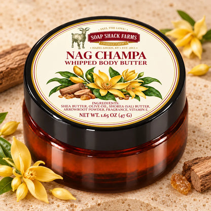 Soap Shack Farms Nag Champa Whipped Body Butter in an amber jar on pale stone with scent-inspired botanical accents.