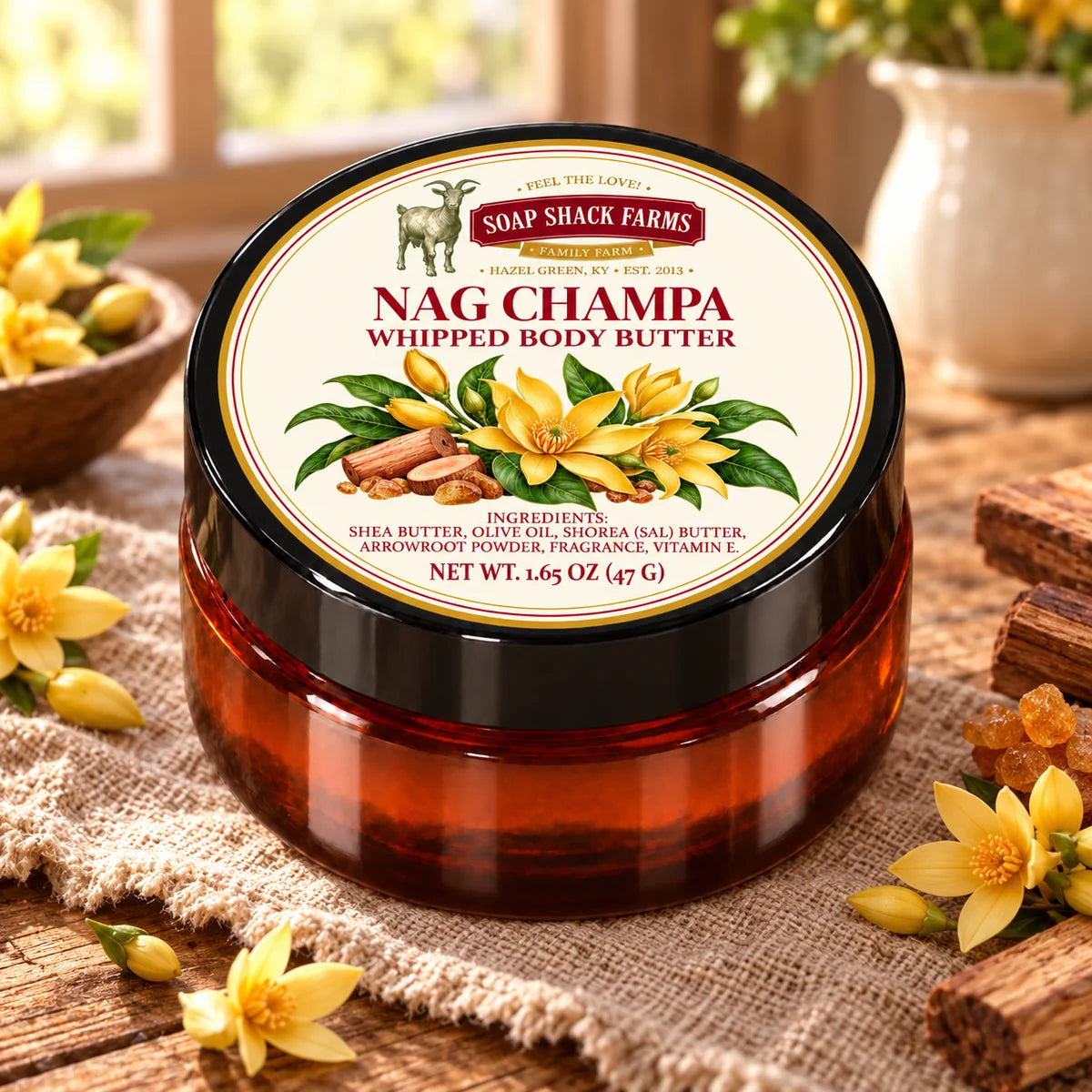 Soap Shack Farms Nag Champa Whipped Body Butter in an amber jar on rustic wood and linen in a warmly lit farmhouse setting.