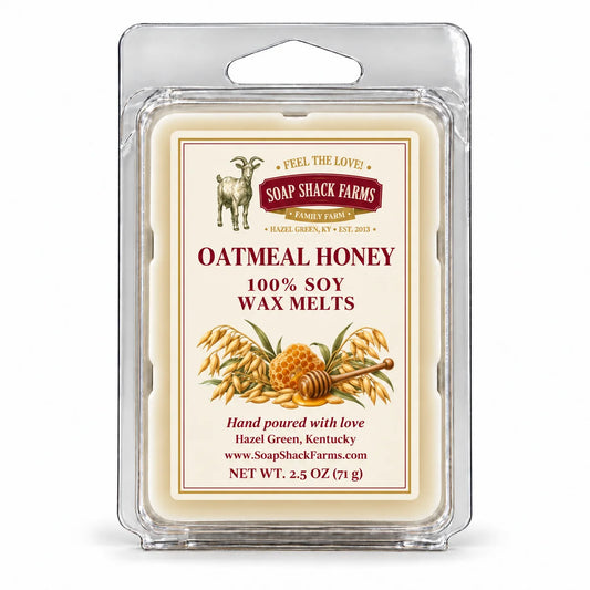 Soap Shack Farms Oatmeal Honey 100% Soy Wax Melts in a clear clamshell on a white background.