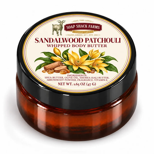 Soap Shack Farms Sandalwood Patchouli Whipped Body Butter in a closed amber jar with a labeled black lid on white.