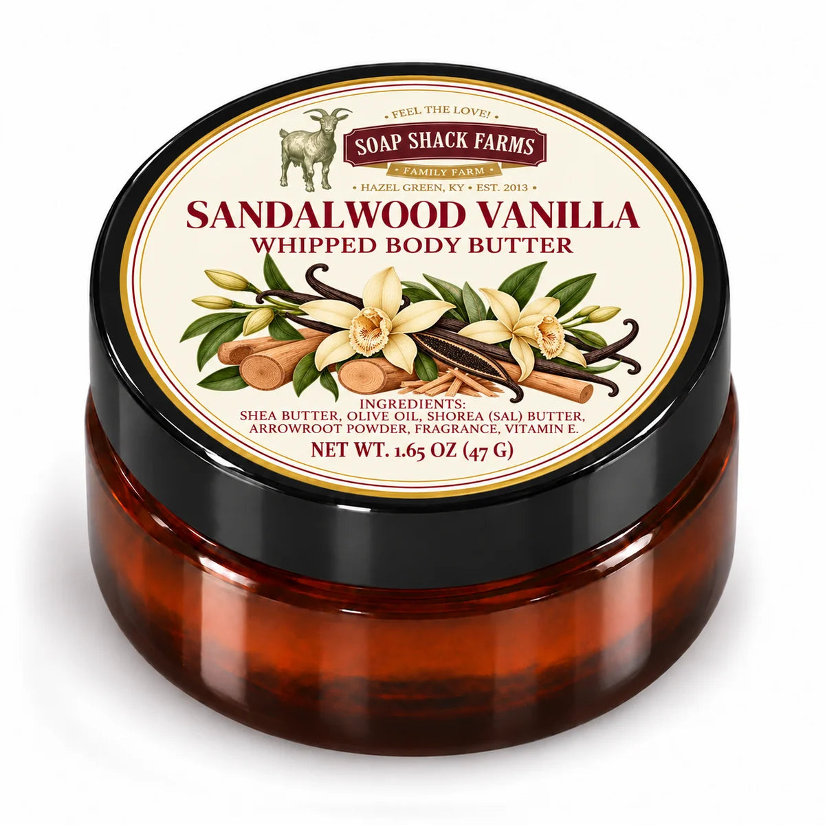 Soap Shack Farms Nag Champa Whipped Body Butter in a closed amber jar with a labeled black lid on white.
