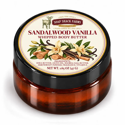 Soap Shack Farms Nag Champa Whipped Body Butter in a closed amber jar with a labeled black lid on white.