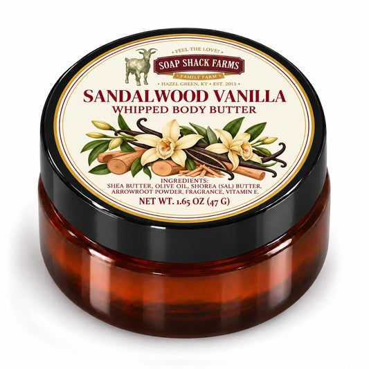 Soap Shack Farms Nag Champa Whipped Body Butter in a closed amber jar with a labeled black lid on white.