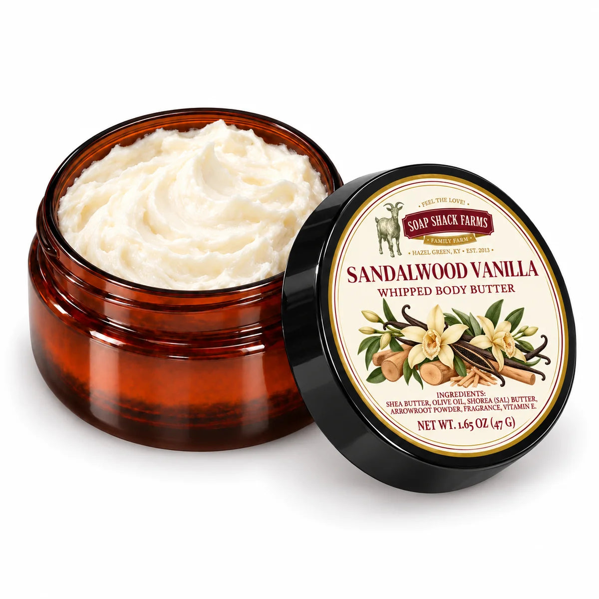 Soap Shack Farms Nag Champa Whipped Body Butter in an open amber jar showing ivory whipped texture beside its labeled black lid.