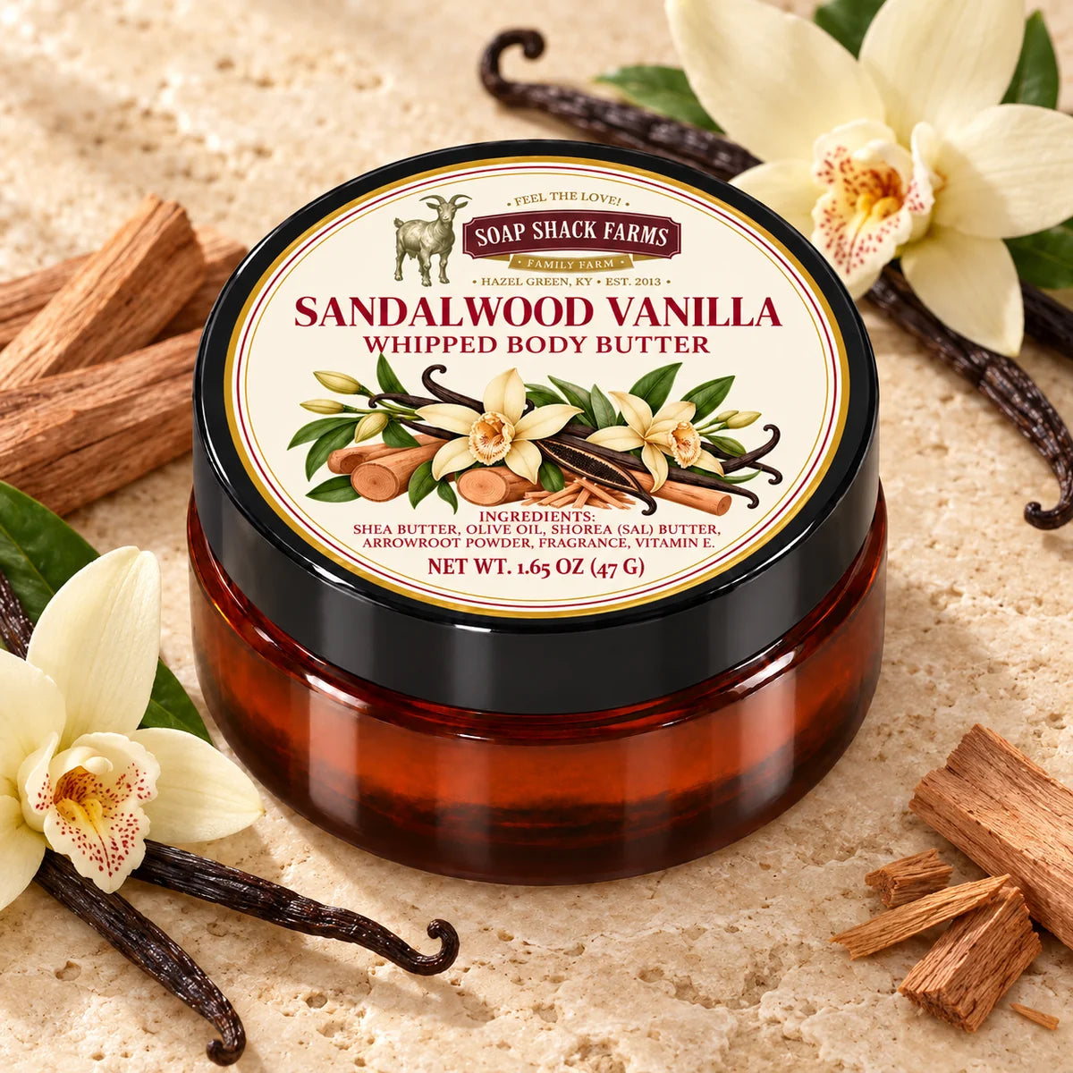 Soap Shack Farms Nag Champa Whipped Body Butter in an amber jar on pale stone with scent-inspired botanical accents.