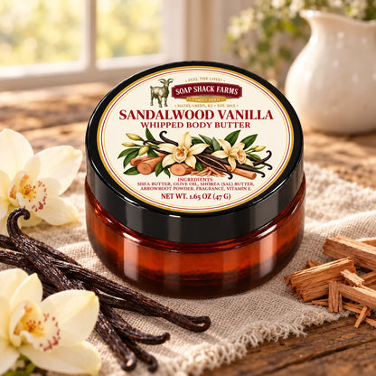 oap Shack Farms Nag Champa Whipped Body Butter in an amber jar on rustic wood and linen in a warmly lit farmhouse setting.